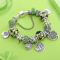 Dropshipping HOT Silver Tree of Life Fashion Bead Bracelet Green Leaf Floral Crystal Charms Bracelet & Bangle Pulsera Jewelry